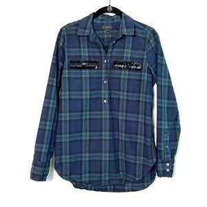 J. CREW Beaded Chevron Pocket Blue and Green Plaid Half Button Popover Shirt